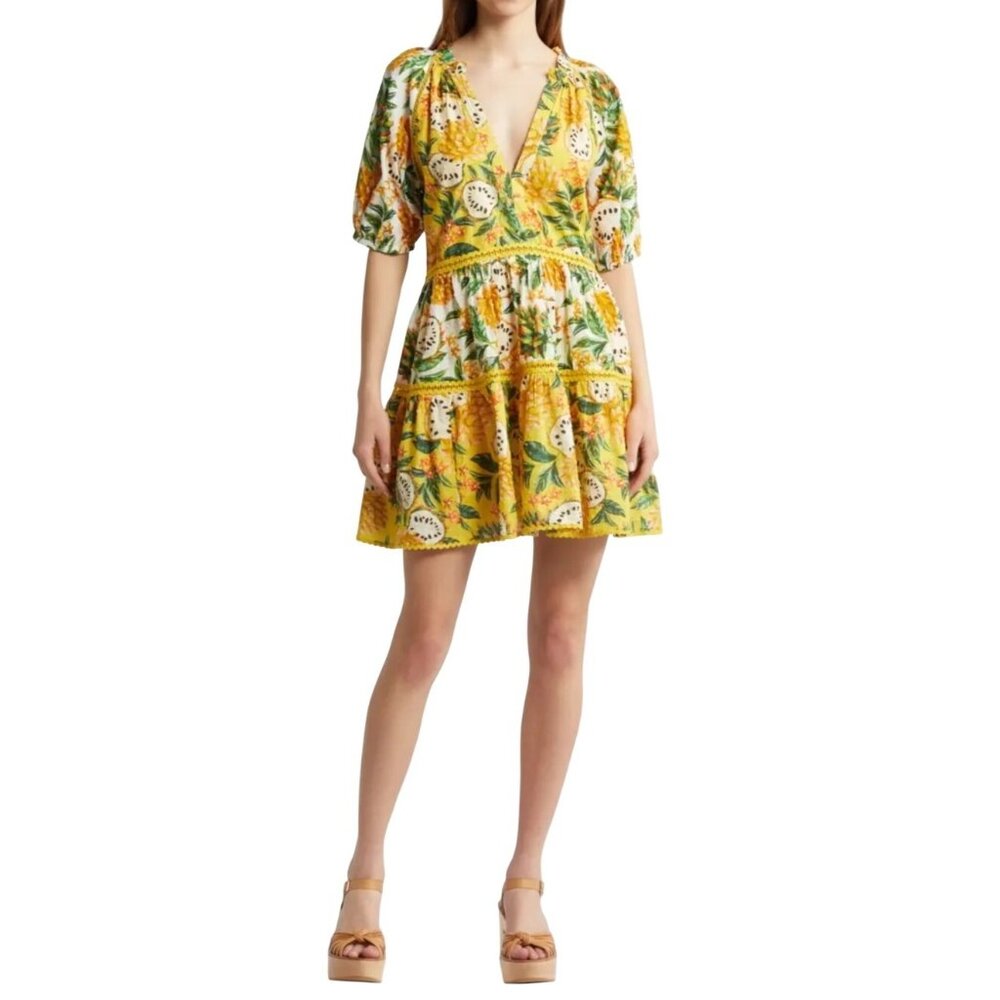 Farm Rio Biriba Mix Mini Dress Size Small Yellow & Green Tropical Fruit Print